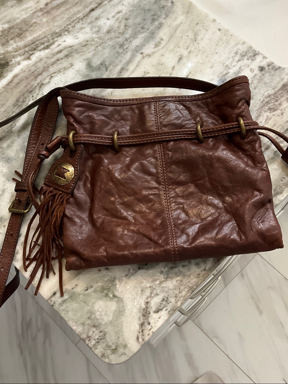 Frye Brown Leather Fringe Crossbody with Brass Ring Accents